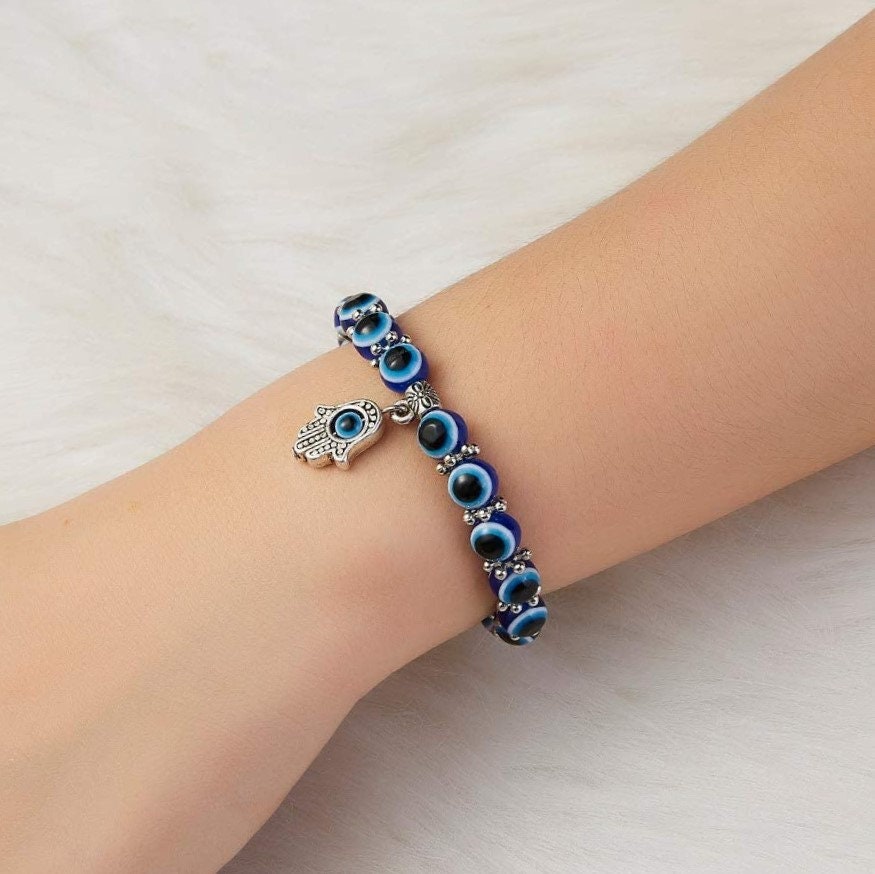 Evil Eye Bracelet Personalized With Hamsa Hand of Fatima | Turkish Nazar Bracelet | Beaded Lucky Charm Protection Bracelet | Velentines Gift