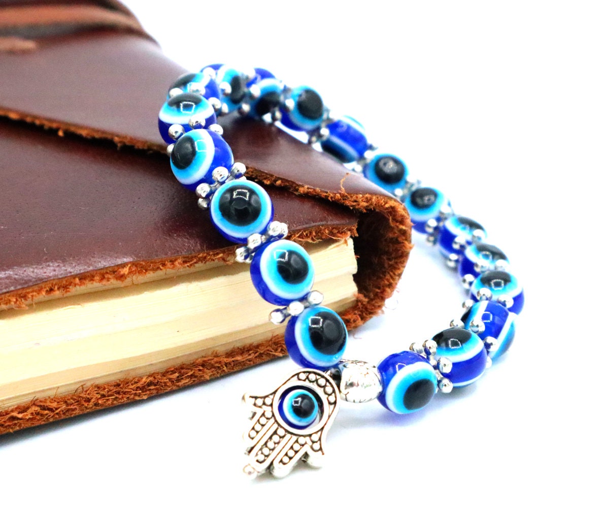 Evil Eye Bracelet Personalized With Hamsa Hand of Fatima | Turkish Nazar Bracelet | Beaded Lucky Charm Protection Bracelet | Velentines Gift