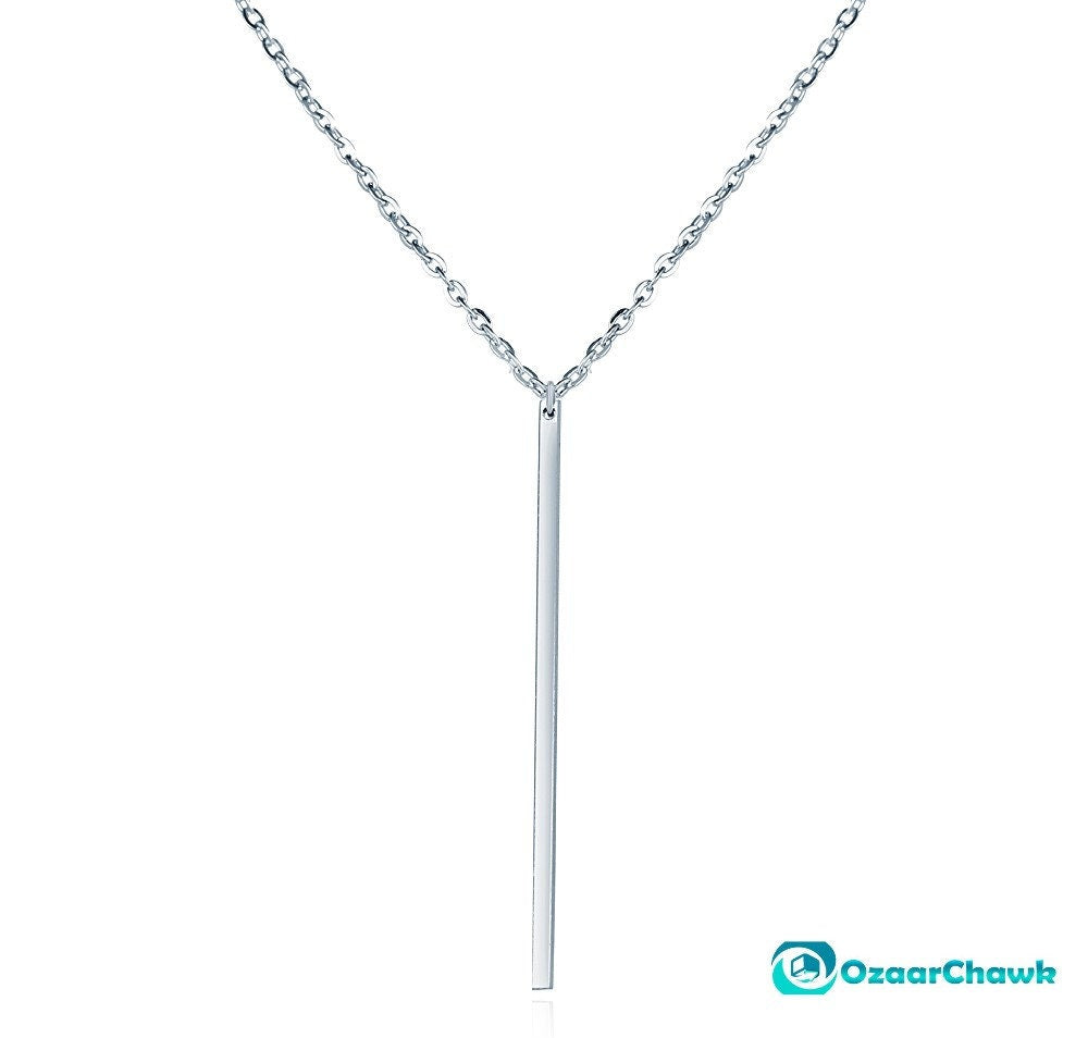 Silver Vertical Bar Necklace With A Dainty Silver Chain To Give As A Valentines Gift For Her | Minimalist Layering Pendant Silver Necklace