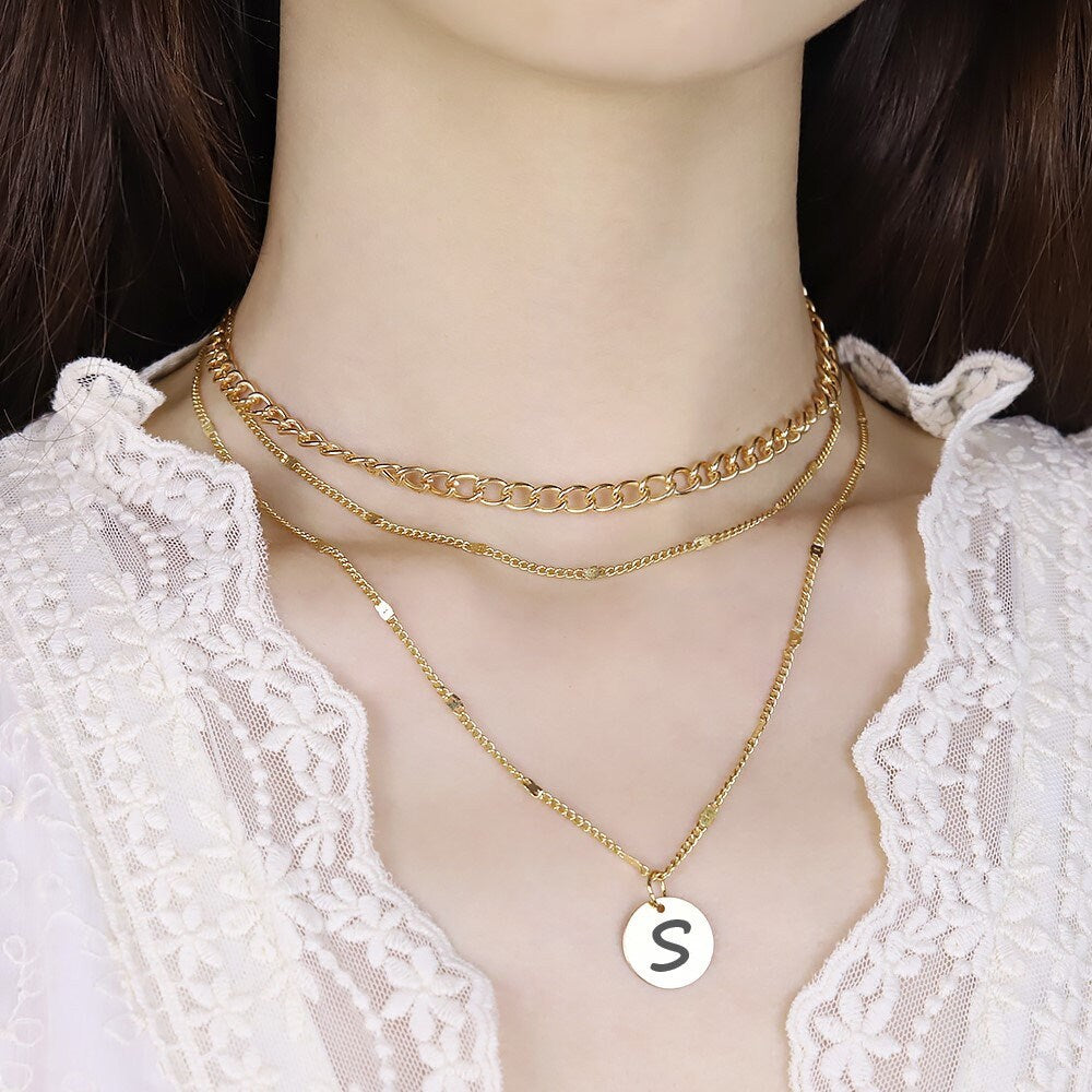 Personalized 3 Layer Necklace Valentines Gift For Her With Engraved Initial Disc | Multi Strand Custom Choker Necklace With For Layering