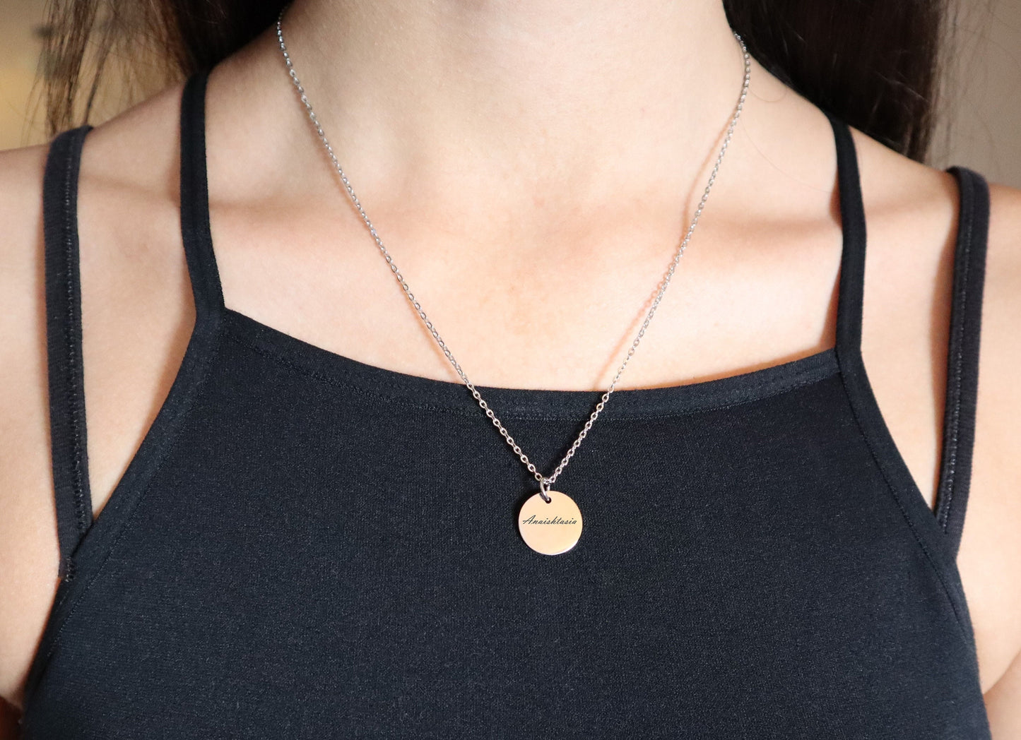 Personalized Disc Necklace Customized With Your Message, Minimalist Name Necklace On A Circle Pendant To Give As A Valentines Gift For Her