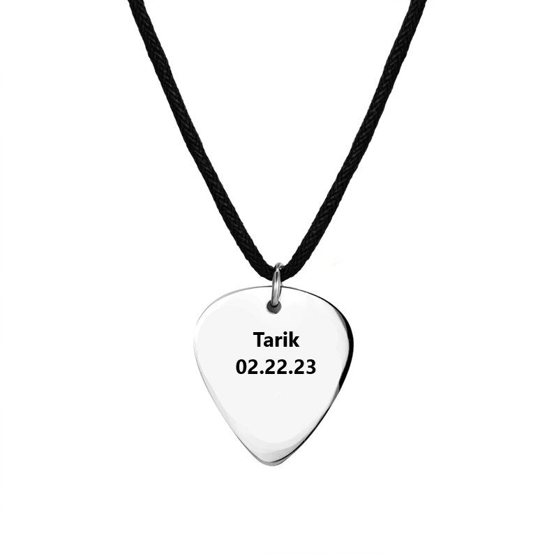 Engraved Guitar Pick Necklace Pendant, Personalized Music Gift For Guitarist, Custom Guitar Plectrum Necklace Gift for Husband Dad Boyfriend