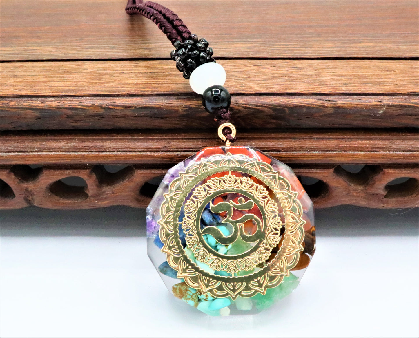 Chakra Orgonite Pendant Necklace With Seven Chakras To Improve Energy Through Meditation, Yoga, Reiki, Sri Yantra, And Om - EMF Protection