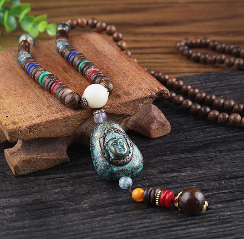 Buddha Necklace Pendant With Natural Tibetan Mala Beads For Positive Energy Through Yoga, Buddhism, Hinduism, And Om Boho Jewelry
