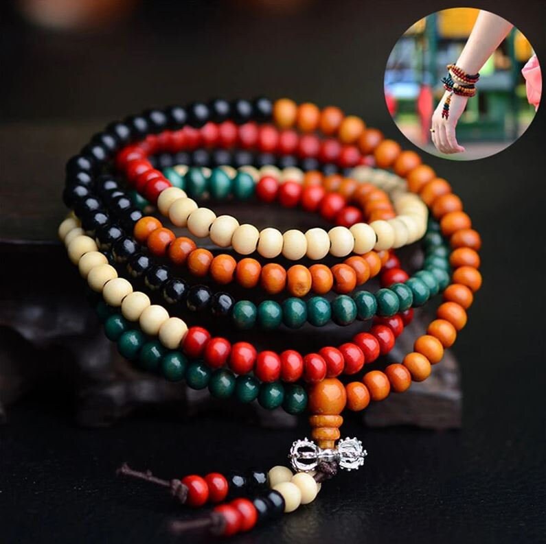 Mala Bead Bracelet Necklace With Natural Sandalwood Prayer Beads for Meditation, Yoga, And Japa To Increase Calmness By Buddhist Buddha