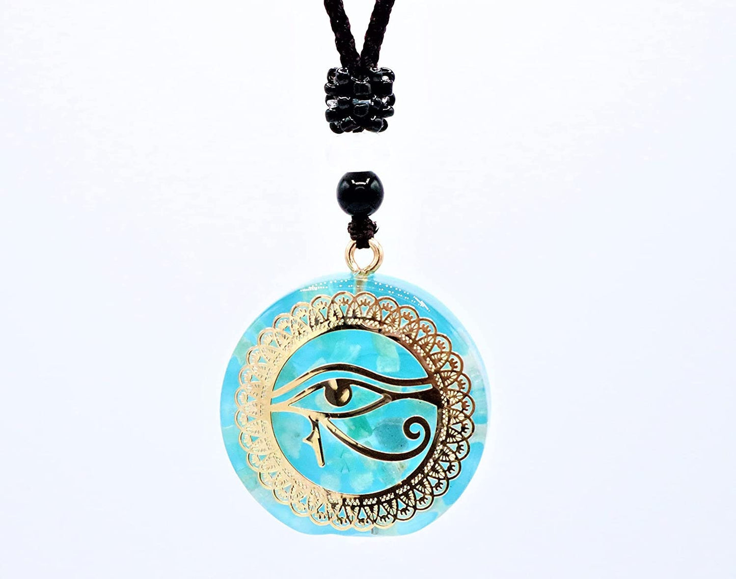 Eye Of Horus Necklace Pendant With Healing Aragonite Crystals To Improve Energy Through Meditation, Yoga, Reiki, Sri Yantra and Om | EMF
