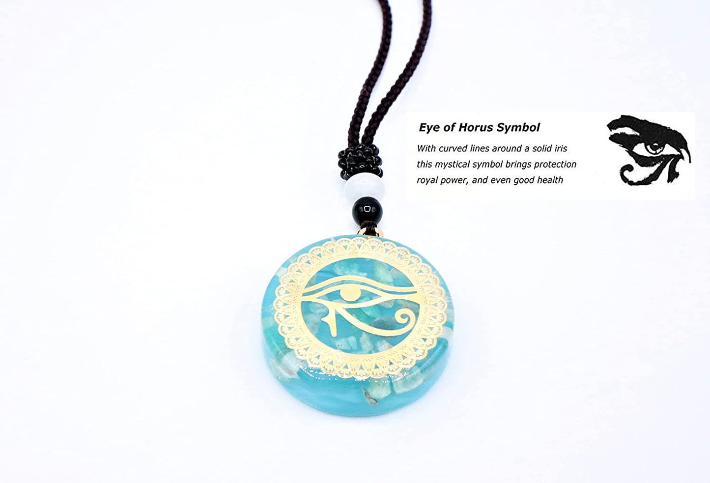 Eye Of Horus Necklace Pendant With Healing Aragonite Crystals To Improve Energy Through Meditation, Yoga, Reiki, Sri Yantra and Om | EMF