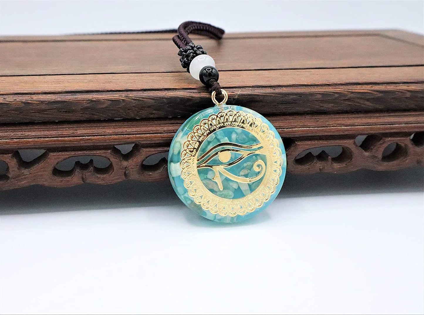 Eye Of Horus Necklace Pendant With Healing Aragonite Crystals To Improve Energy Through Meditation, Yoga, Reiki, Sri Yantra and Om | EMF