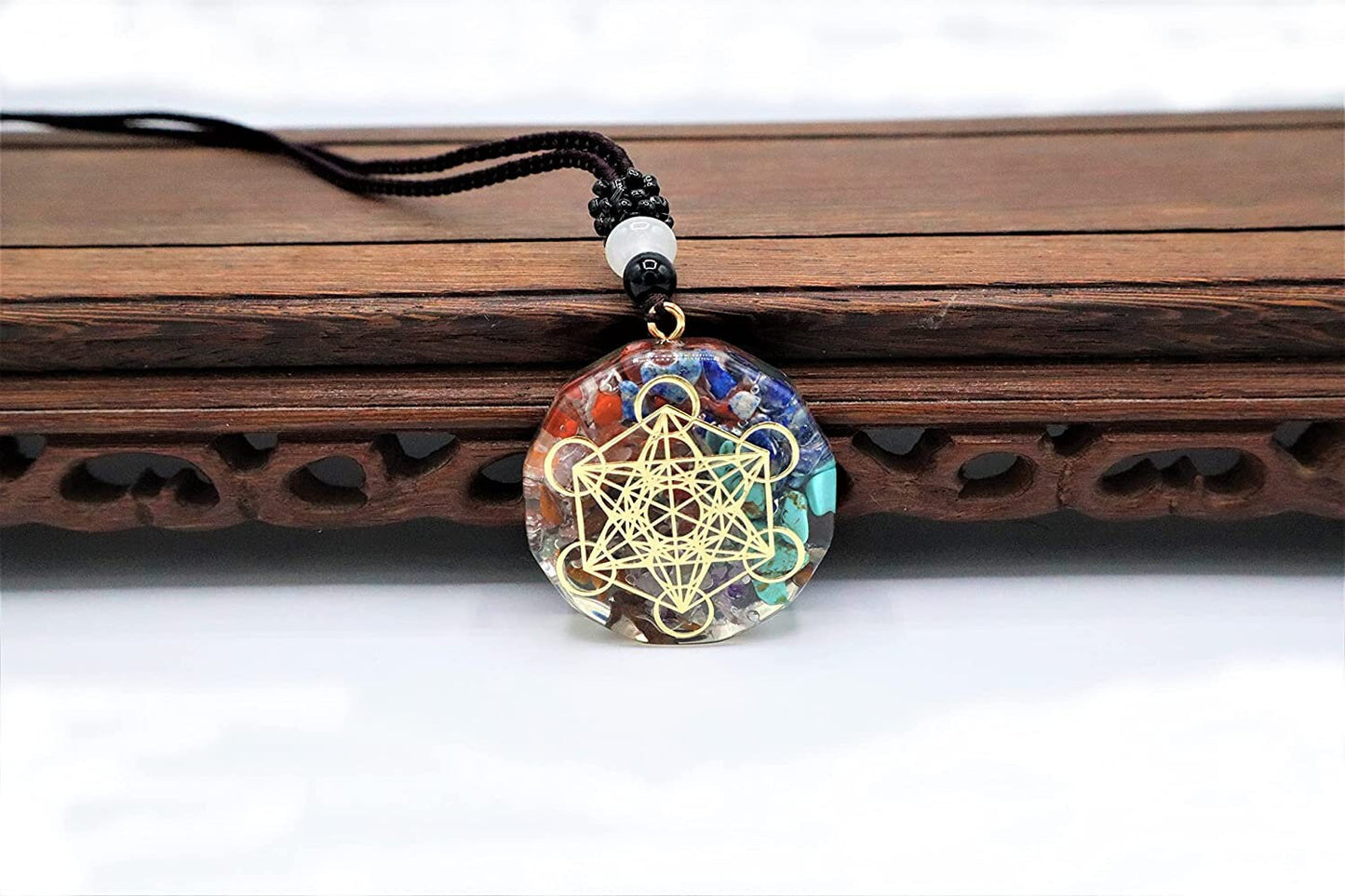 Chakra Orgonite Pendant Necklace With Seven Chakras To Improve Energy Through Meditation, Yoga, Reiki, Sri Yantra, And Om - EMF Protection