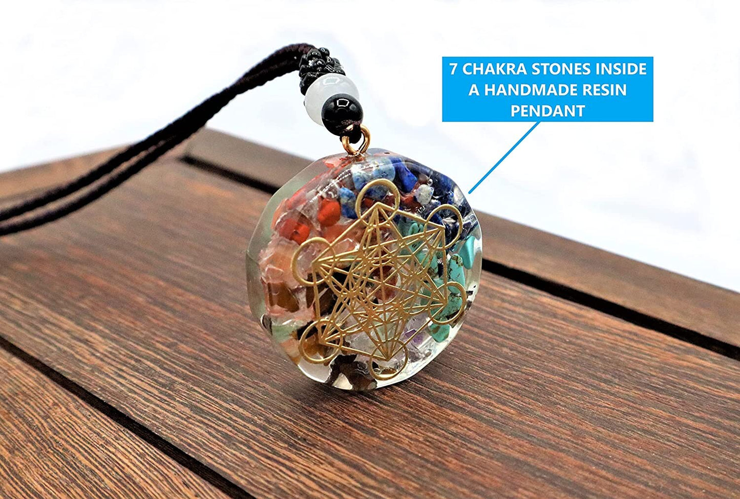 Chakra Orgonite Pendant Necklace With Seven Chakras To Improve Energy Through Meditation, Yoga, Reiki, Sri Yantra, And Om - EMF Protection