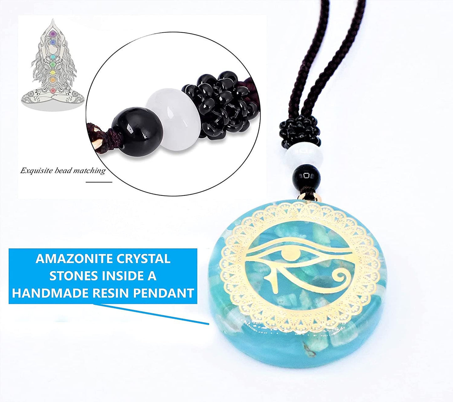 Eye Of Horus Necklace Pendant With Healing Aragonite Crystals To Improve Energy Through Meditation, Yoga, Reiki, Sri Yantra and Om | EMF