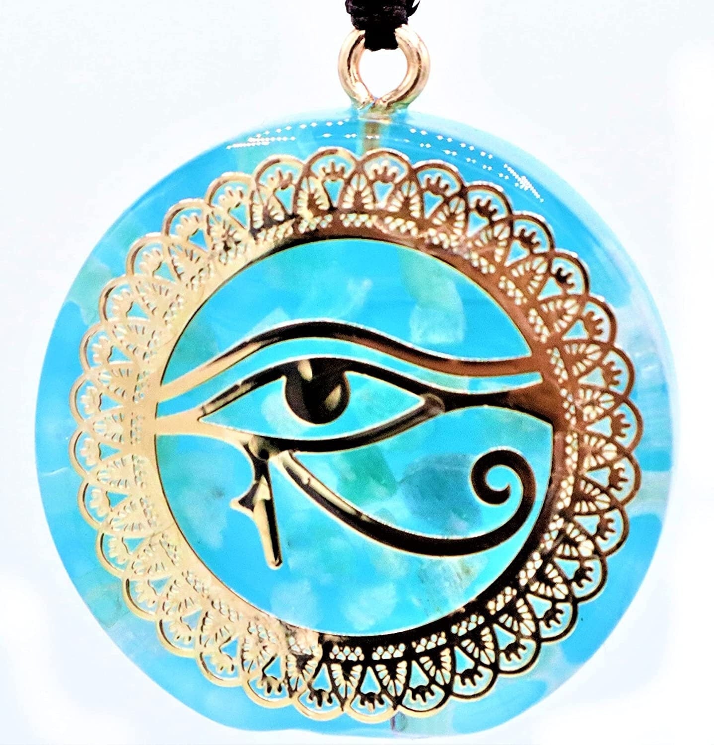Eye Of Horus Necklace Pendant With Healing Aragonite Crystals To Improve Energy Through Meditation, Yoga, Reiki, Sri Yantra and Om | EMF