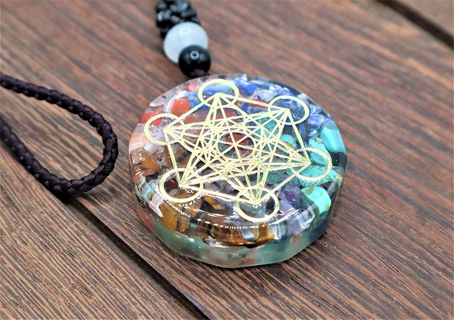 Chakra Orgonite Pendant Necklace With Seven Chakras To Improve Energy Through Meditation, Yoga, Reiki, Sri Yantra, And Om - EMF Protection