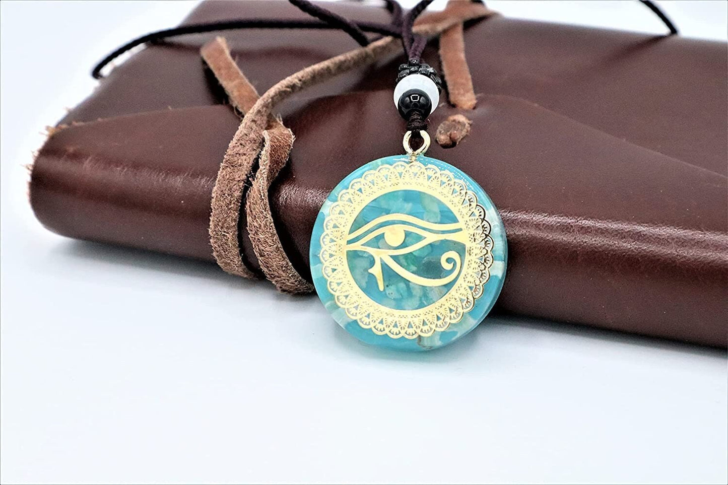 Eye Of Horus Necklace Pendant With Healing Aragonite Crystals To Improve Energy Through Meditation, Yoga, Reiki, Sri Yantra and Om | EMF