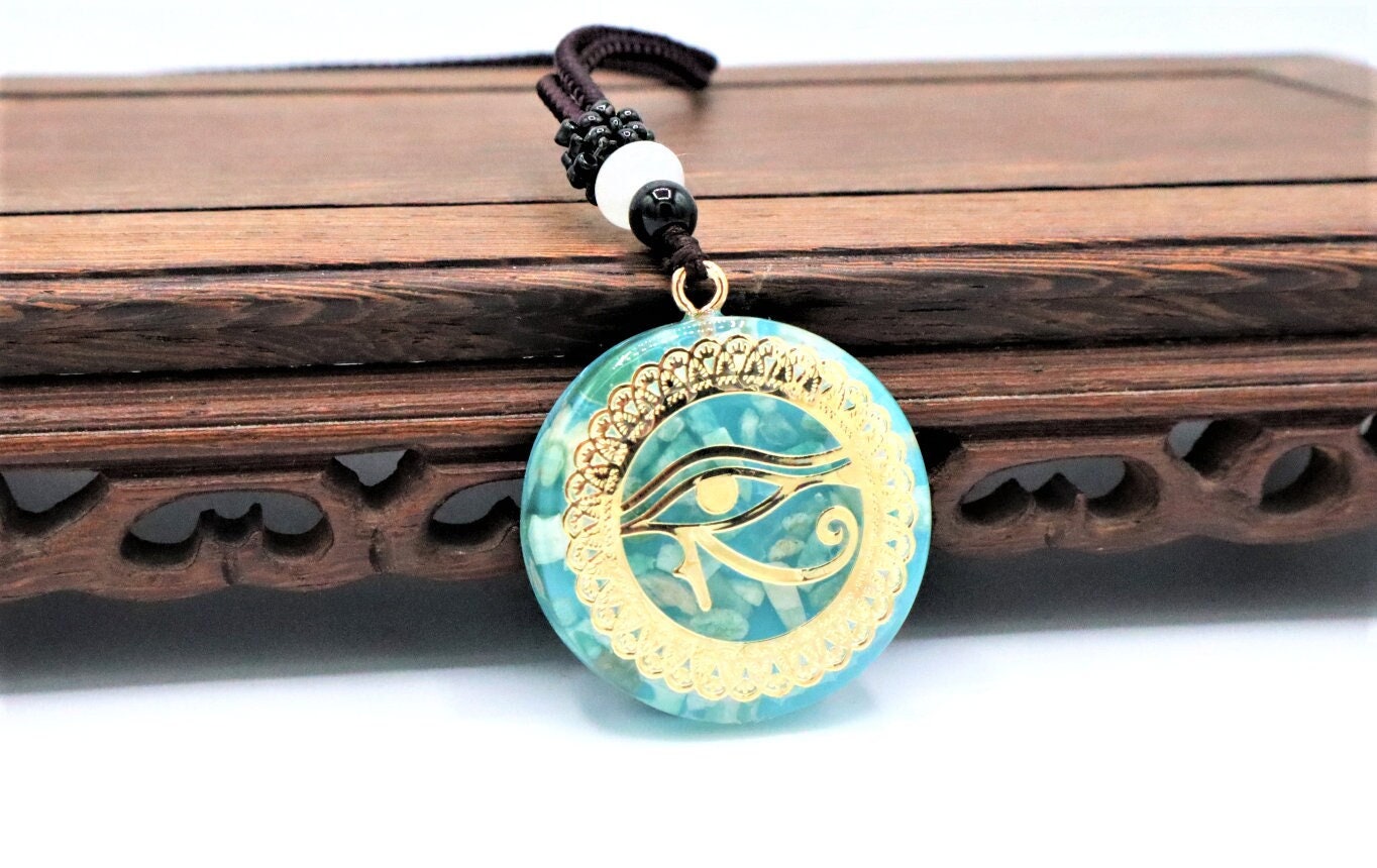 Eye Of Horus Necklace Pendant With Healing Aragonite Crystals To Improve Energy Through Meditation, Yoga, Reiki, Sri Yantra and Om | EMF