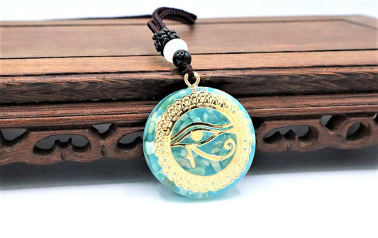 Eye Of Horus Necklace Pendant With Healing Aragonite Crystals To Improve Energy Through Meditation, Yoga, Reiki, Sri Yantra and Om | EMF