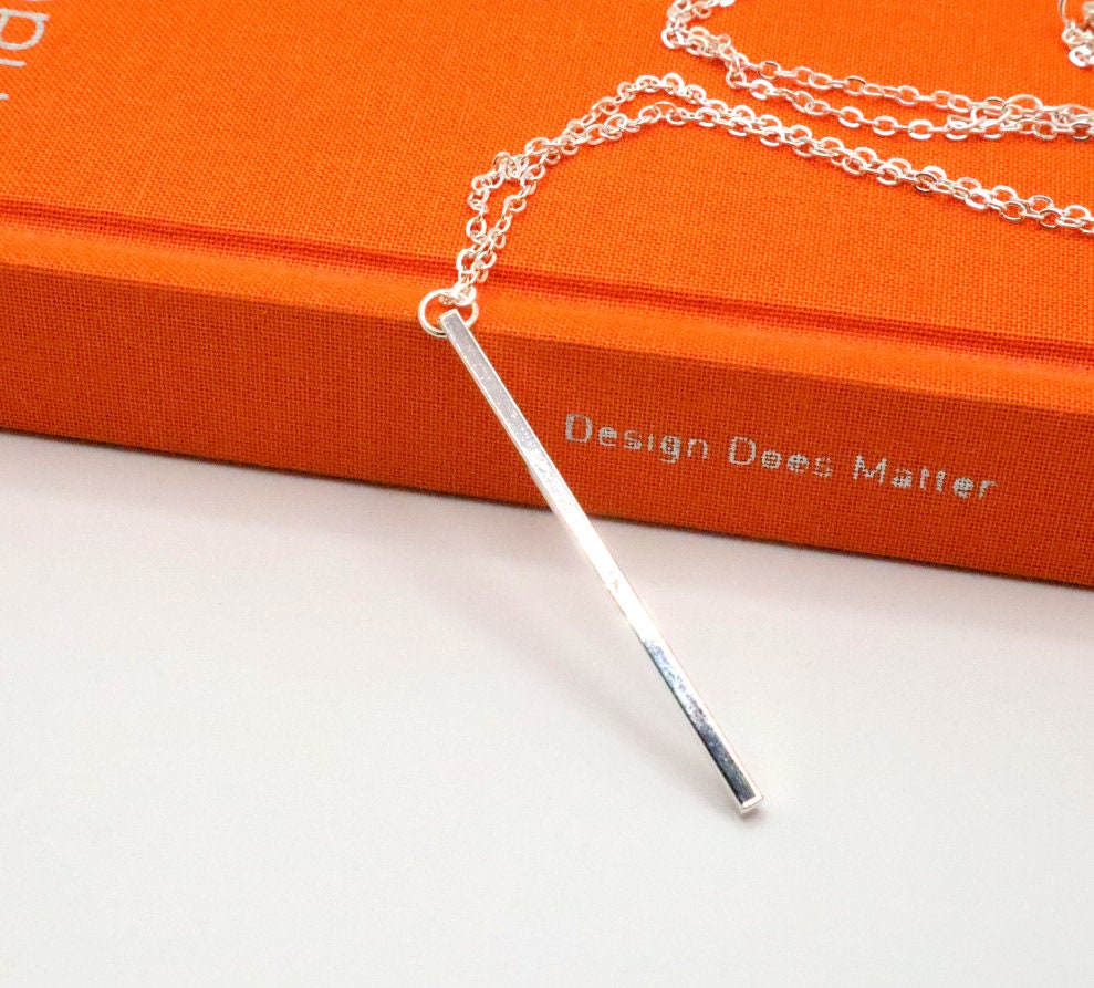 Silver Vertical Bar Necklace With A Dainty Silver Chain To Give As A Valentines Gift For Her | Minimalist Layering Pendant Silver Necklace