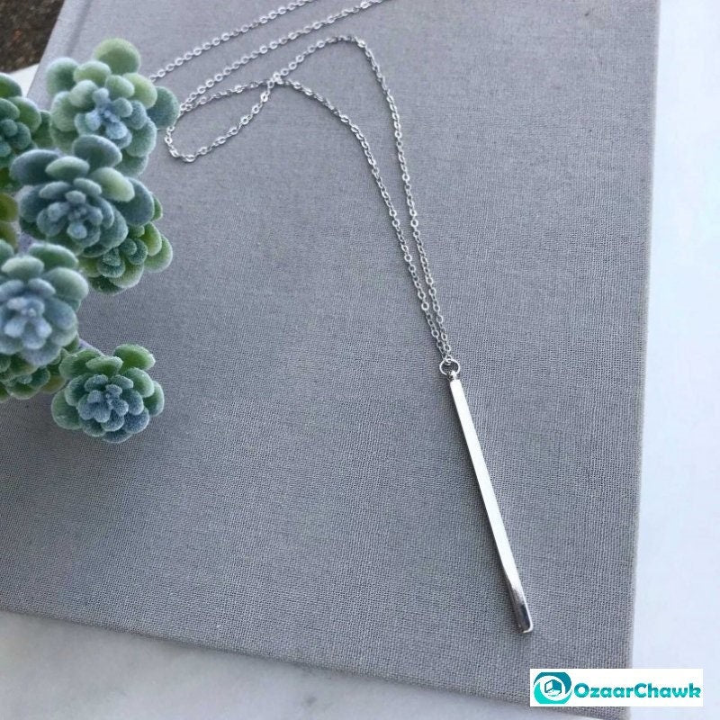 Silver Vertical Bar Necklace With A Dainty Silver Chain To Give As A Valentines Gift For Her | Minimalist Layering Pendant Silver Necklace