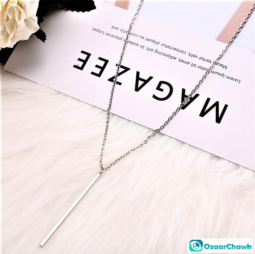 Silver Vertical Bar Necklace With A Dainty Silver Chain To Give As A Valentines Gift For Her | Minimalist Layering Pendant Silver Necklace