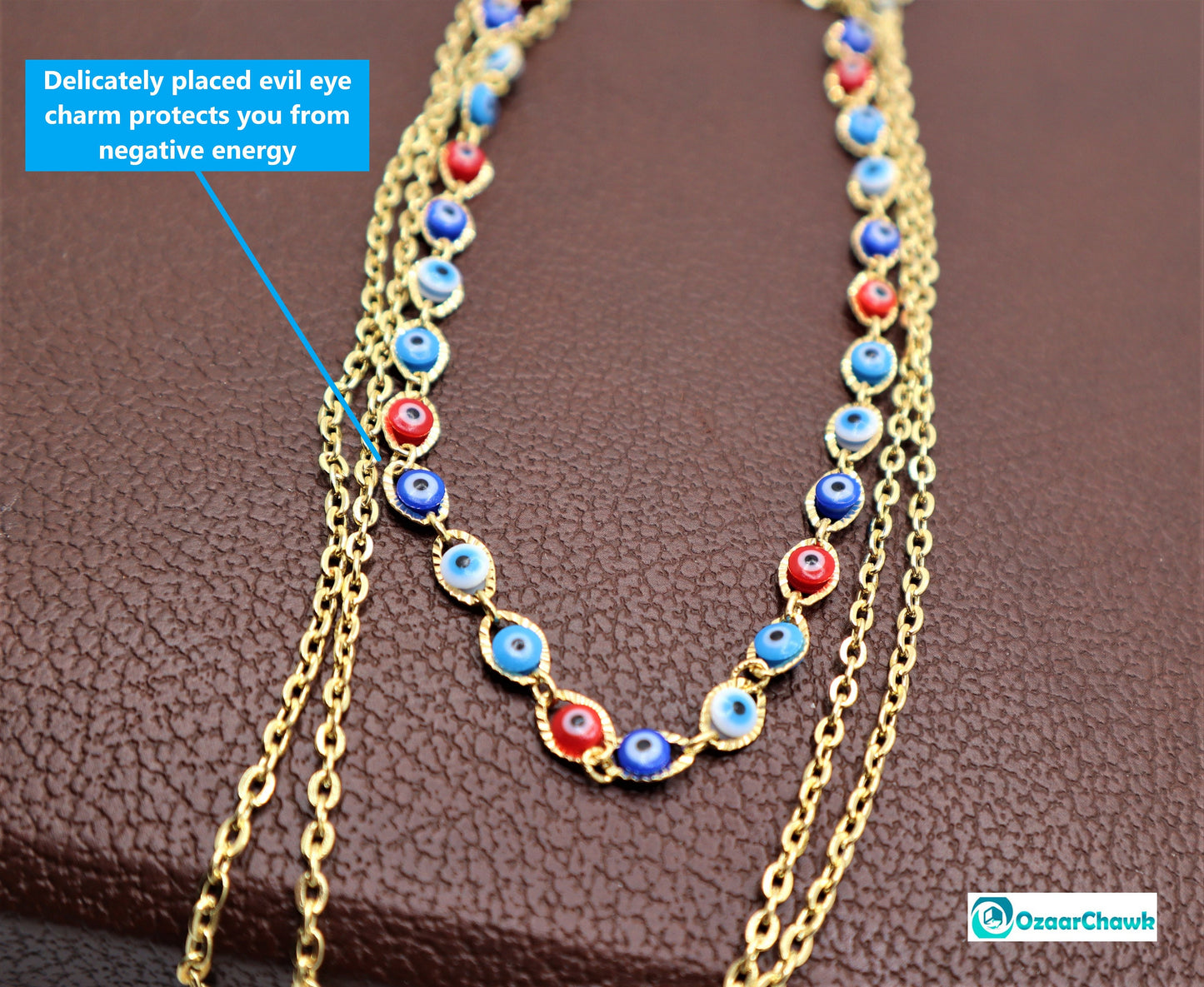 3 Layer Evil Eye Necklace Pendant With A Multi Layered Gold Chain To Wear As A Layered Nazar Necklace
