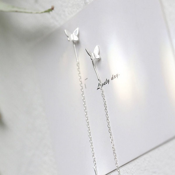 Small Butterfly Threader Earrings | Butterfly Earring | Silver Hummingbird Ear Dangle | Pull Through Short Butterfly Chain Earrings Gift