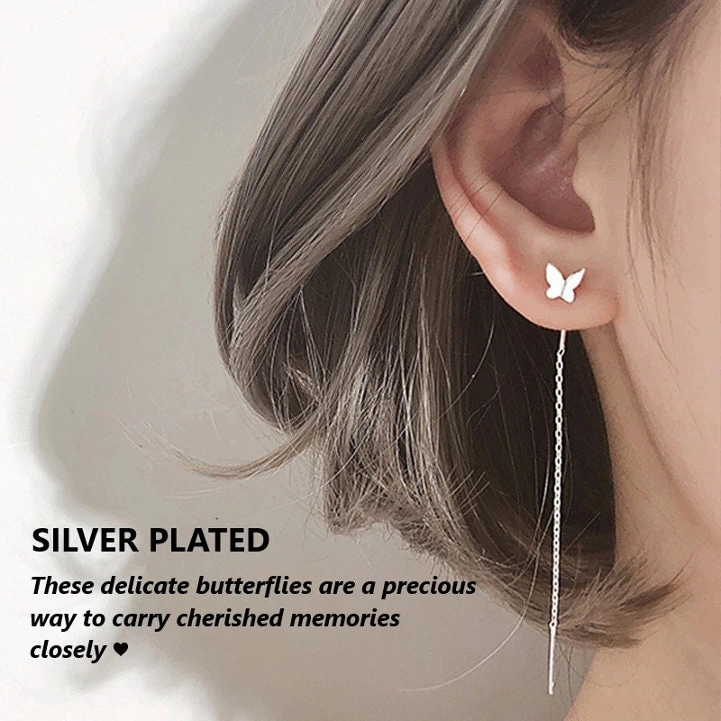 Small Butterfly Threader Earrings | Butterfly Earring | Silver Hummingbird Ear Dangle | Pull Through Short Butterfly Chain Earrings Gift