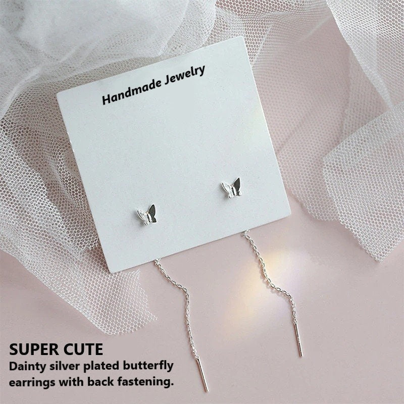 Small Butterfly Threader Earrings | Butterfly Earring | Silver Hummingbird Ear Dangle | Pull Through Short Butterfly Chain Earrings Gift