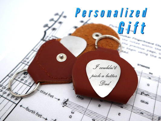 Custom Guitar Pick And Holder | Personalized Guitar Plectrums With Leather Case Keychain | Gift for Husband Dad Boyfriend Gift For Him Music
