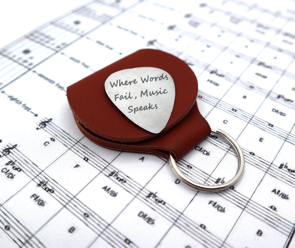 Custom Guitar Pick And Holder | Personalized Guitar Plectrums With Leather Case Keychain | Gift for Husband Dad Boyfriend Gift For Him Music