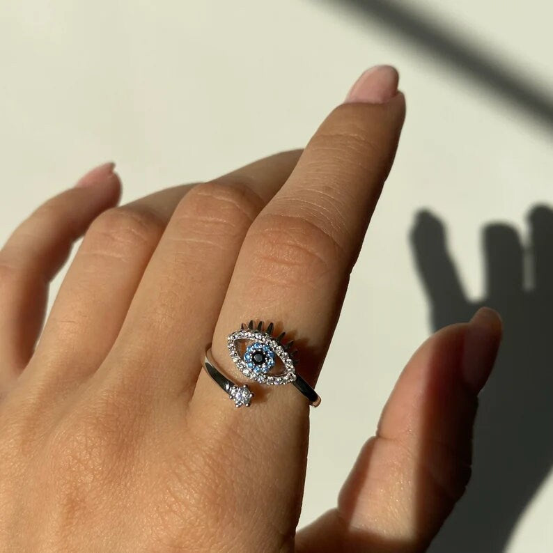 The Adjustable Evil Eye Protection Ring, Featuring A Nazar Eye, A Delicate Eye Of Horus Design, And A Turkish Blue Evil Eye, Makes A Perfect Gift For Her
