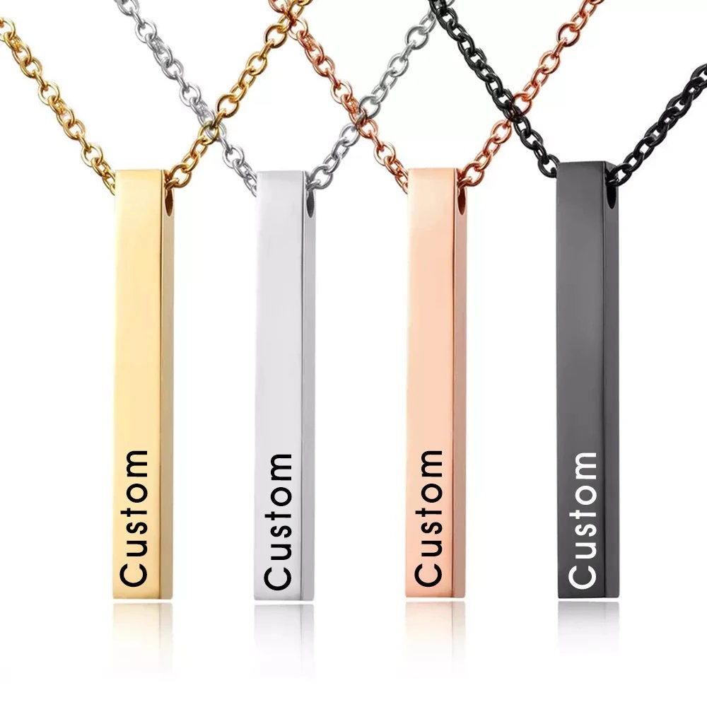 Personalized Vertical Bar Necklace Valentines Gift With Custom Engraved Name On A 3D Long Bar Pendant, Bridesmaid Gift, Gift For Her Mom