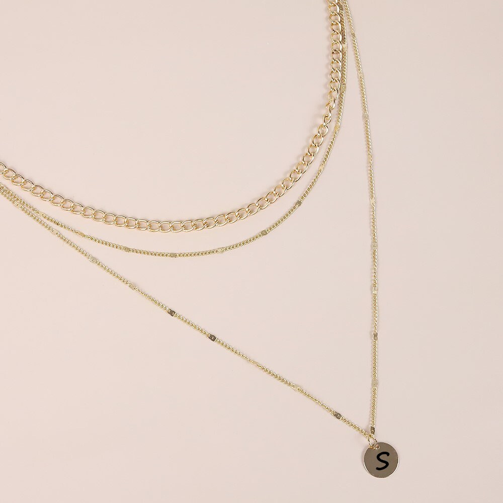 Personalized 3 Layer Necklace Valentines Gift For Her With Engraved Initial Disc | Multi Strand Custom Choker Necklace With For Layering