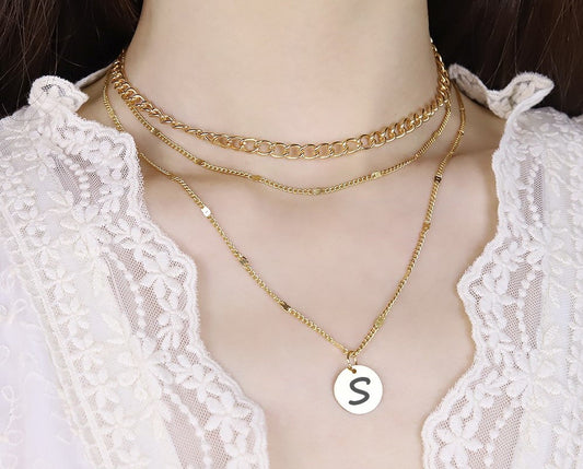 Personalized 3 Layer Necklace Valentines Gift For Her With Engraved Initial Disc | Multi Strand Custom Choker Necklace With For Layering