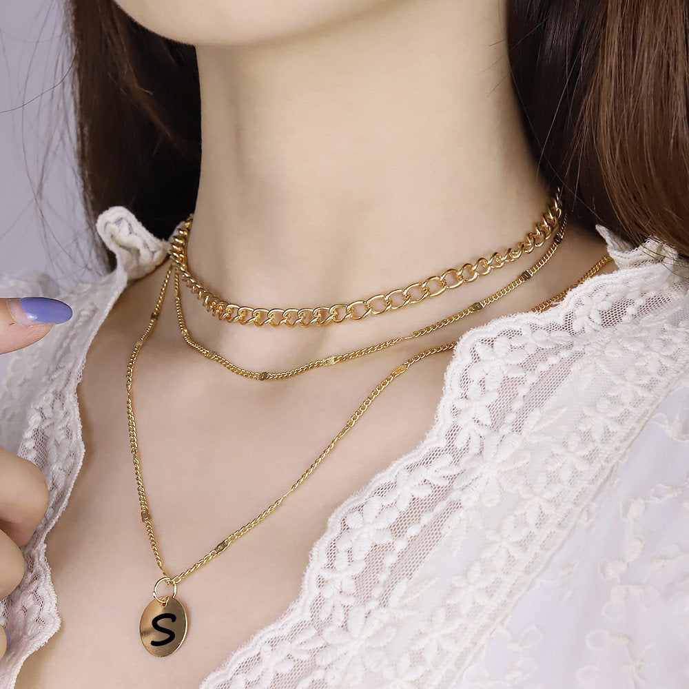 Personalized 3 Layer Necklace Valentines Gift For Her With Engraved Initial Disc | Multi Strand Custom Choker Necklace With For Layering