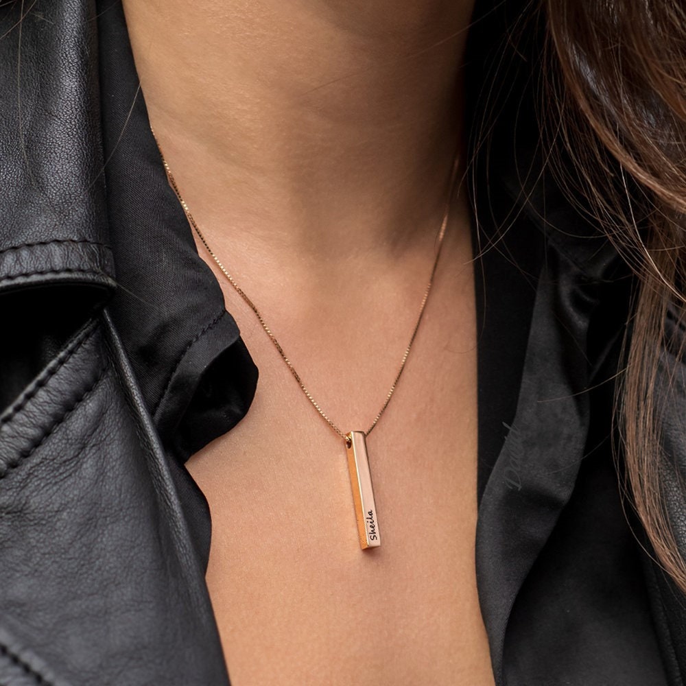 Personalized Vertical Bar Necklace Valentines Gift With Custom Engraved Name On A 3D Long Bar Pendant, Bridesmaid Gift, Gift For Her Mom