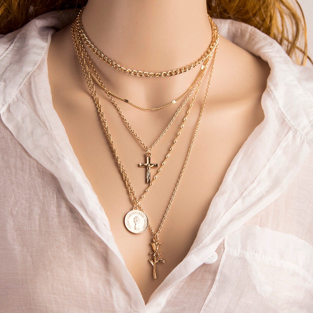 5 Layer Cross Necklace With A Rose And A Vintage Style Coin Paired With A Multi Strand Layered Necklace With Copper Chain Layering For Birthday Gift