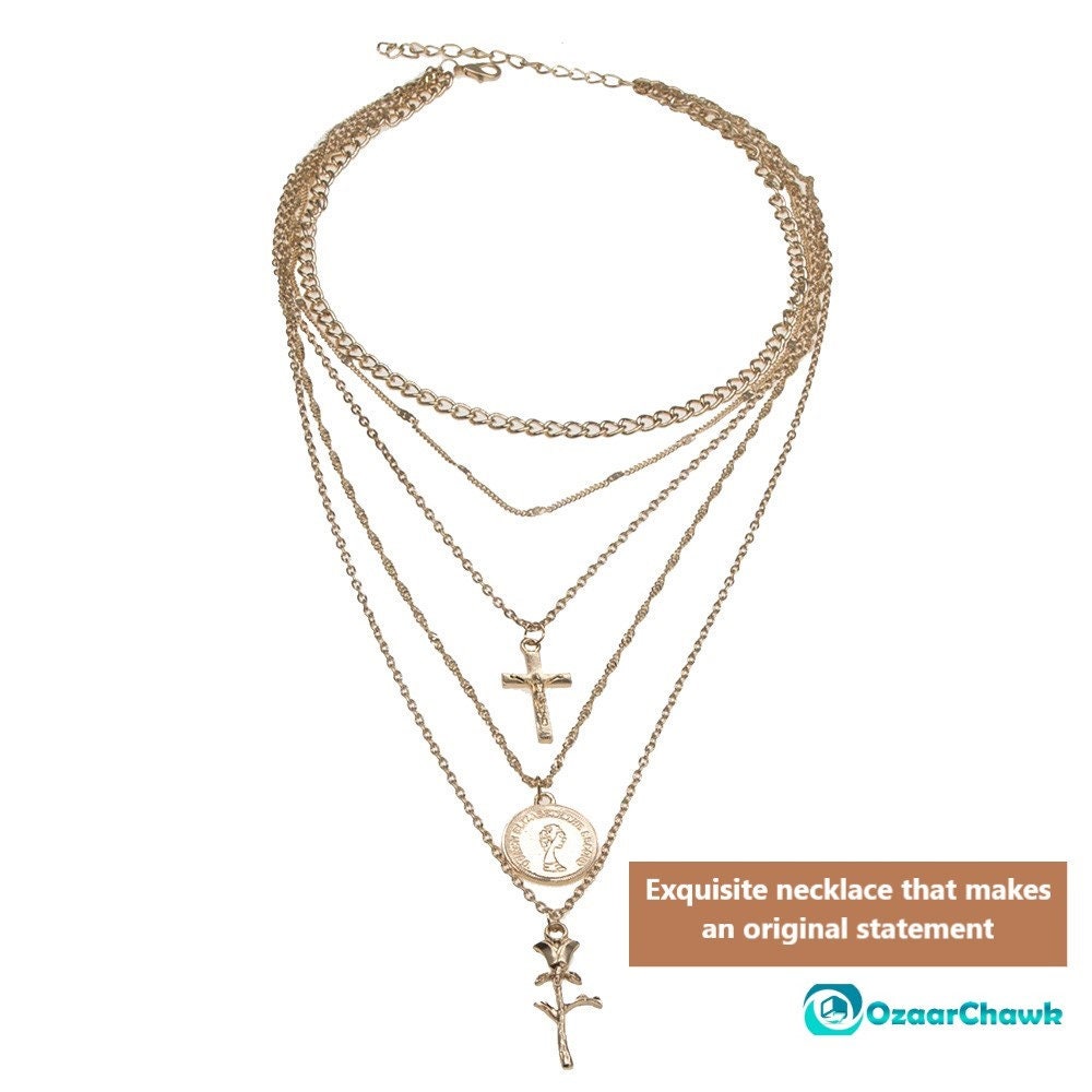 5 Layer Cross Necklace With A Rose And A Vintage Style Coin Paired With A Multi Strand Layered Necklace With Copper Chain Layering For Birthday Gift
