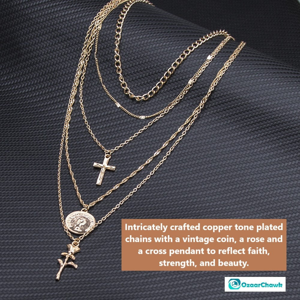 5 Layer Cross Necklace With A Rose And A Vintage Style Coin Paired With A Multi Strand Layered Necklace With Copper Chain Layering For Birthday Gift