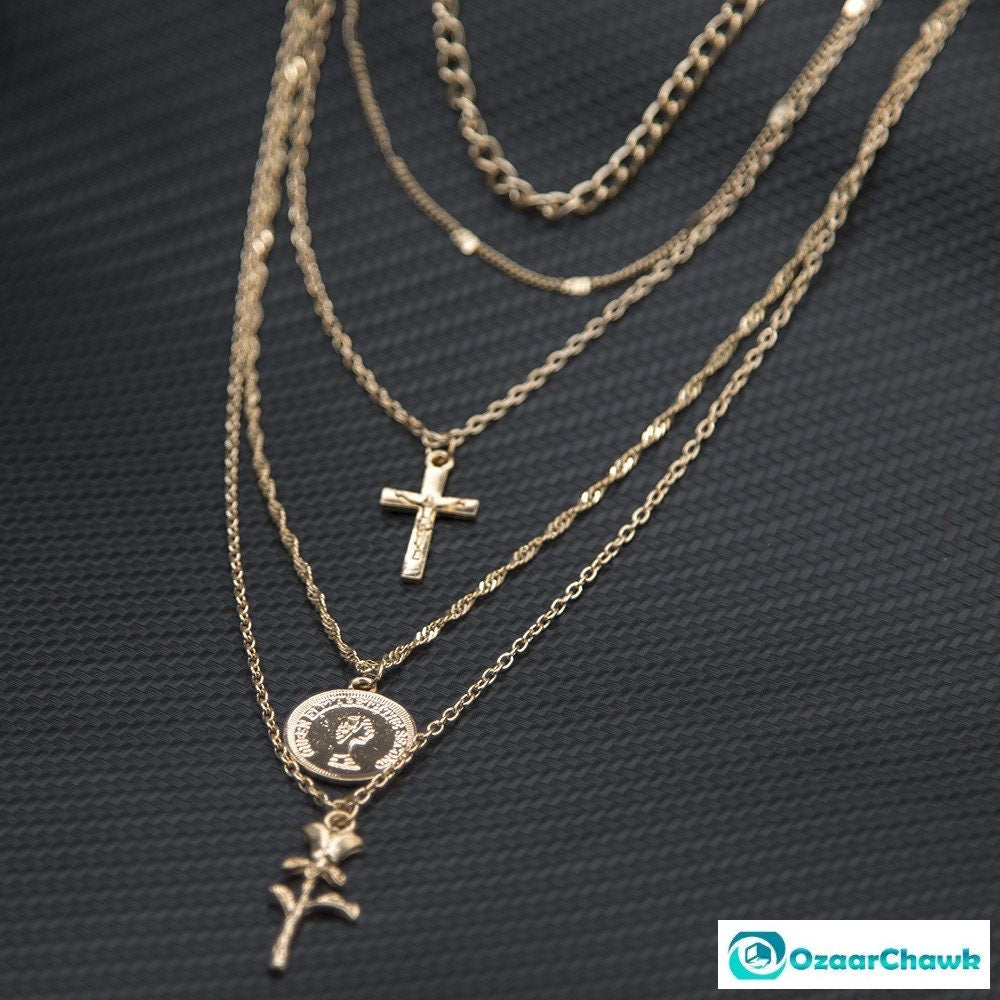 5 Layer Cross Necklace With A Rose And A Vintage Style Coin Paired With A Multi Strand Layered Necklace With Copper Chain Layering For Birthday Gift