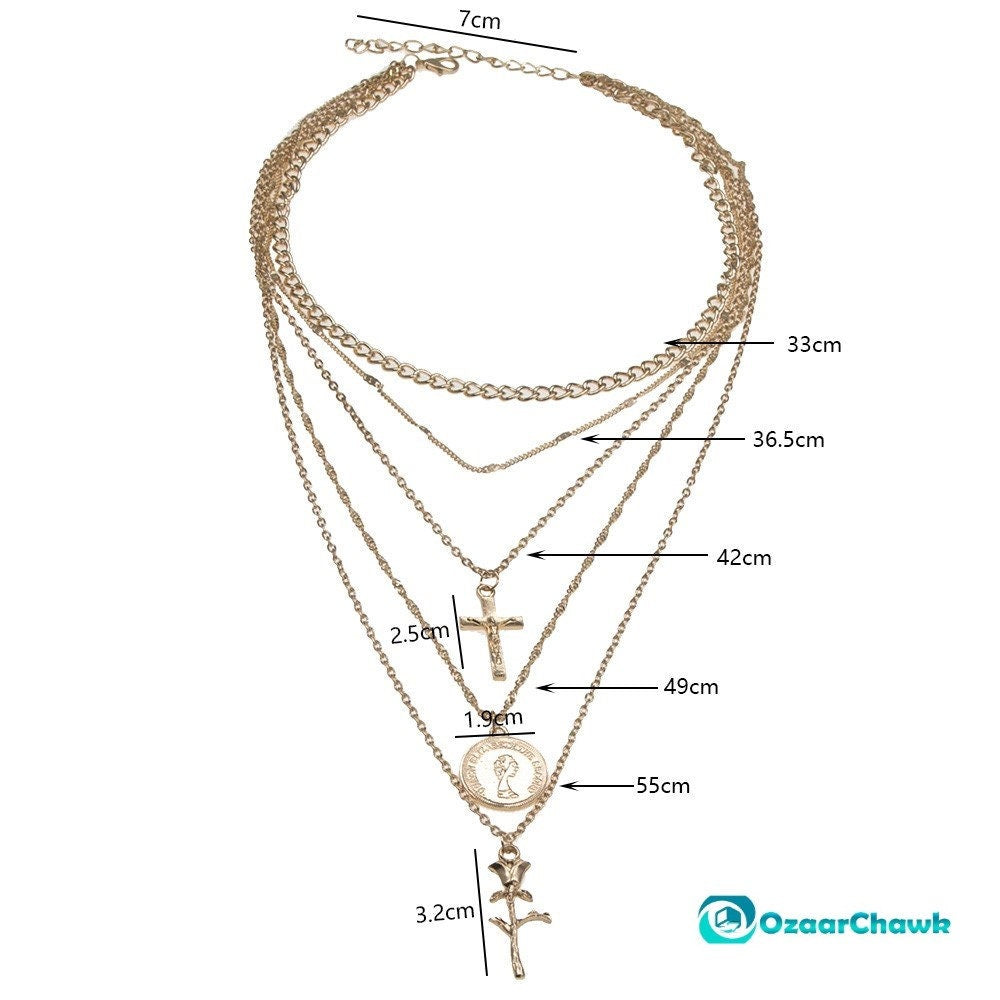 5 Layer Cross Necklace With A Rose And A Vintage Style Coin Paired With A Multi Strand Layered Necklace With Copper Chain Layering For Birthday Gift