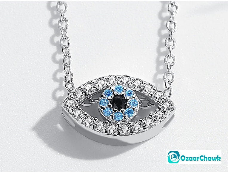 Small Evil Eye Necklace With Silver Chain For Valentine Gift For Her, Blue Evil Eye Pendant Nazar Necklace For Protection, Evil Eye Necklace