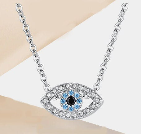 Small Evil Eye Necklace With Silver Chain For Valentine Gift For Her, Blue Evil Eye Pendant Nazar Necklace For Protection, Evil Eye Necklace