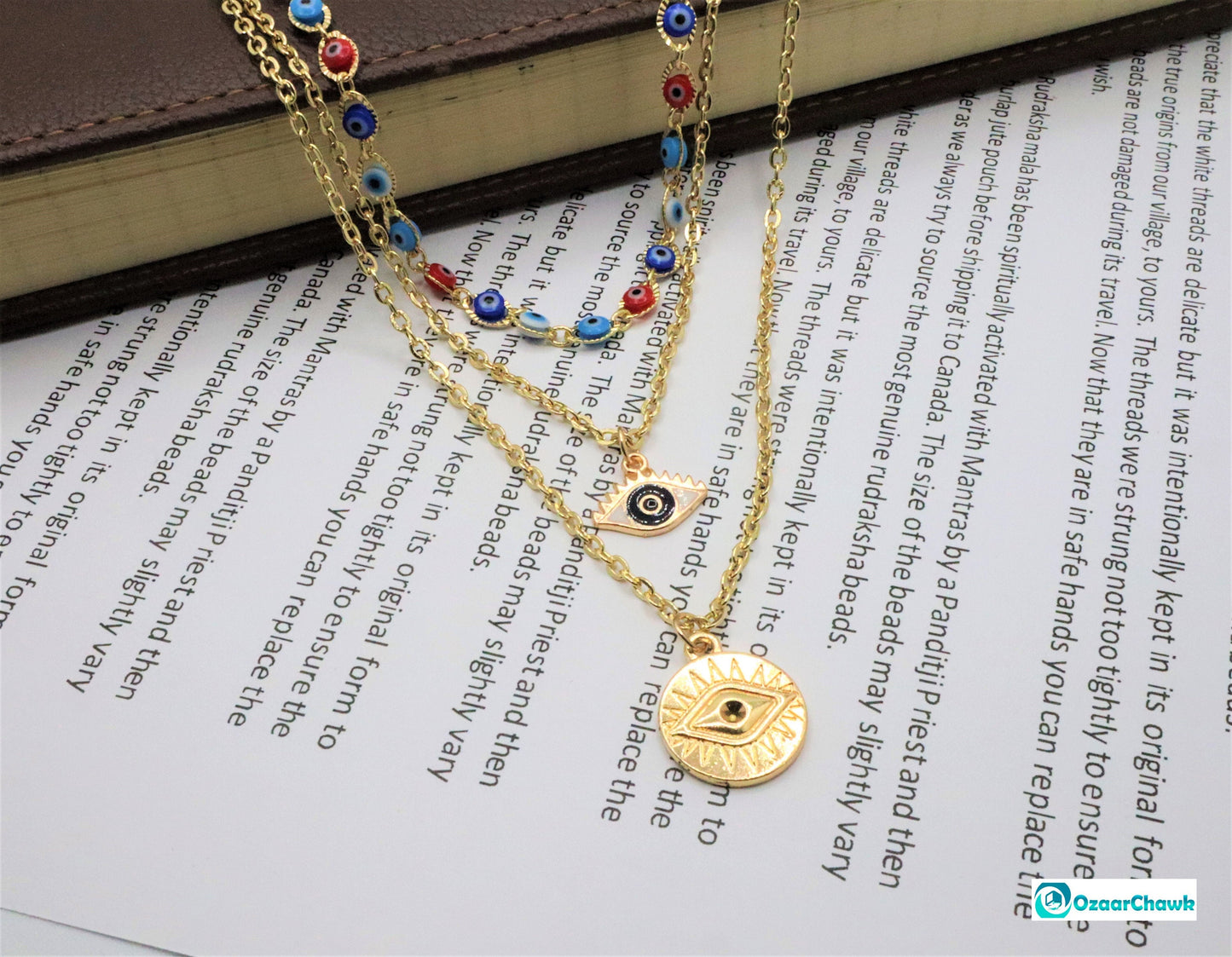 3 Layer Evil Eye Necklace Pendant With A Multi Layered Gold Chain To Wear As A Layered Nazar Necklace