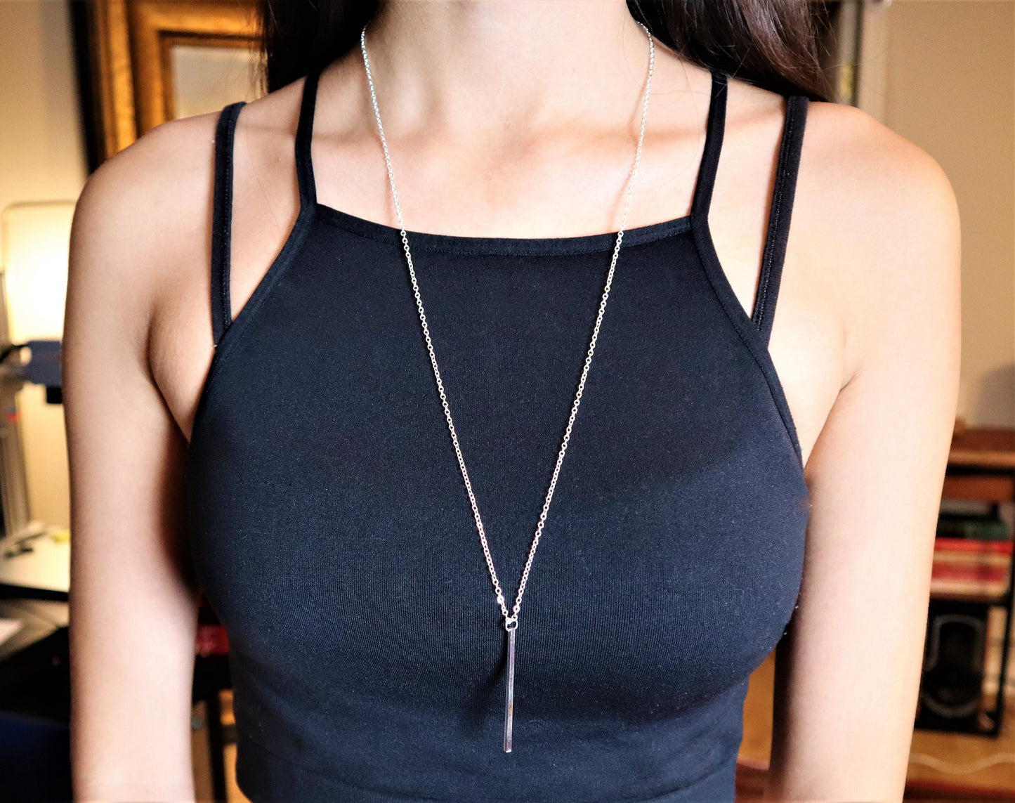 Silver Vertical Bar Necklace With A Dainty Silver Chain To Give As A Valentines Gift For Her | Minimalist Layering Pendant Silver Necklace