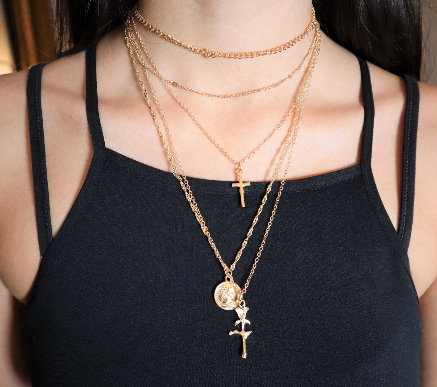 5 Layer Cross Necklace With A Rose And A Vintage Style Coin Paired With A Multi Strand Layered Necklace With Copper Chain Layering For Birthday Gift