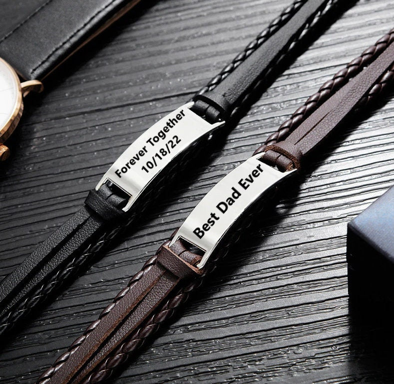 Personalized Leather Beaded Bracelet For Men, Engraved Mens Bracelet,  Personalized Valentine Gifts For Him, Custom Anniversary Gift For Him