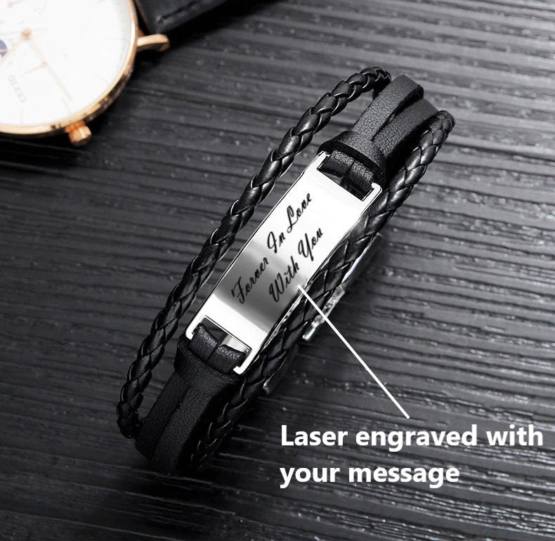 Personalized Leather Beaded Bracelet For Men, Engraved Mens Bracelet,  Personalized Valentine Gifts For Him, Custom Anniversary Gift For Him