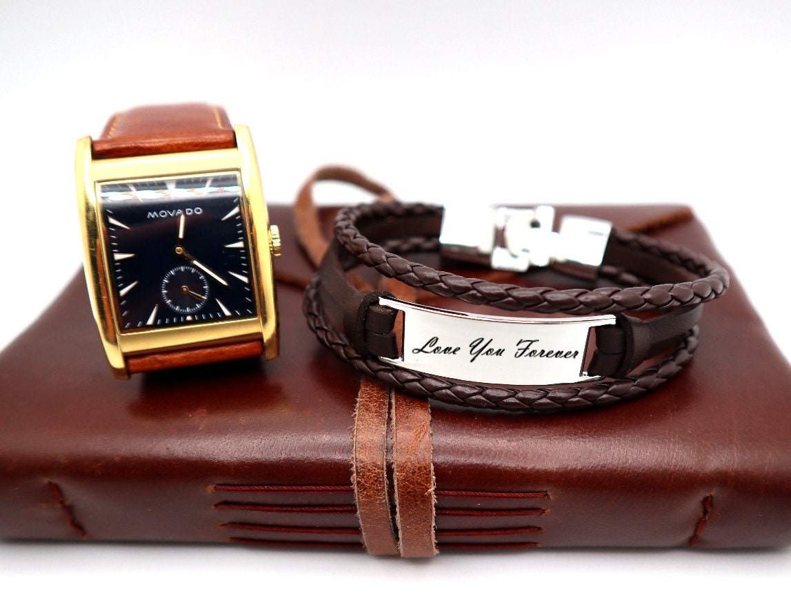 Personalized Leather Beaded Bracelet For Men, Engraved Mens Bracelet,  Personalized Valentine Gifts For Him, Custom Anniversary Gift For Him