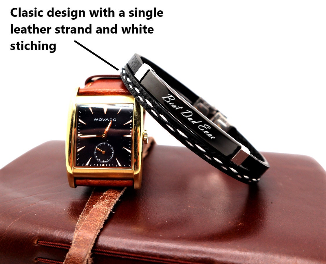 Personalized Leather Beaded Bracelet For Men, Engraved Mens Bracelet,  Personalized Valentine Gifts For Him, Custom Anniversary Gift For Him