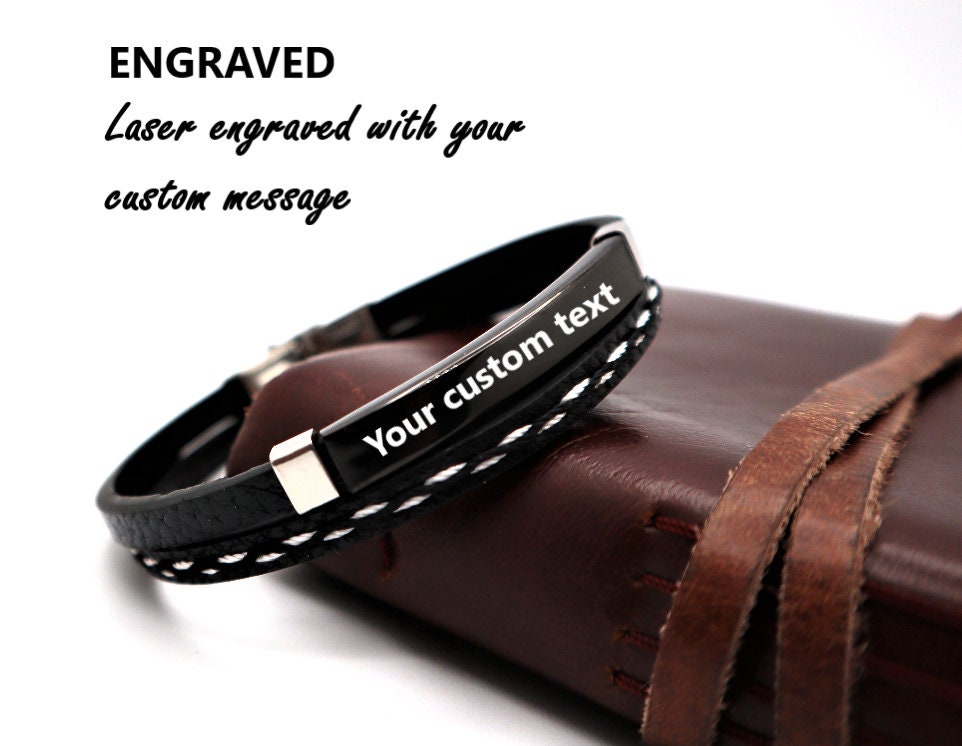 Personalized Leather Beaded Bracelet For Men, Engraved Mens Bracelet,  Personalized Valentine Gifts For Him, Custom Anniversary Gift For Him